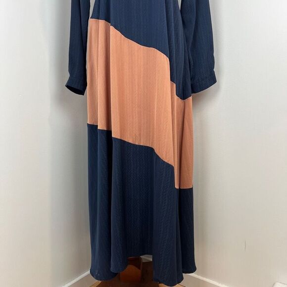 Ghospell Women's Large Colorblock Blue Peach Long Sleeve Maxi Dress Peasant Chic - Picture 2 of 15